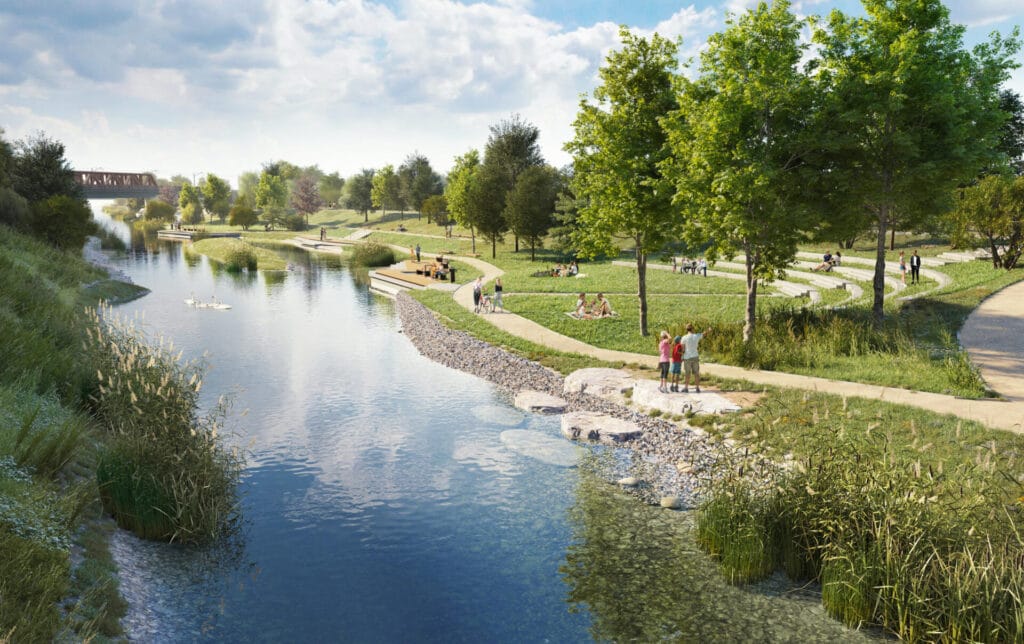 Budoucí podoba Svitavy po dokončení protipovodňových opatření v etapách IX, X a XI. Zpracovatel projektové dokumentace: společnost „SVRATKA, AQUATIS – ŠINDLAR – A PLUS“ a to ve složení firem AQUATIS a.s., ŠINDLAR s.r.o. a A PLUS a.s. Autor vizualizací: Ing. arch. Miroslav Korbička